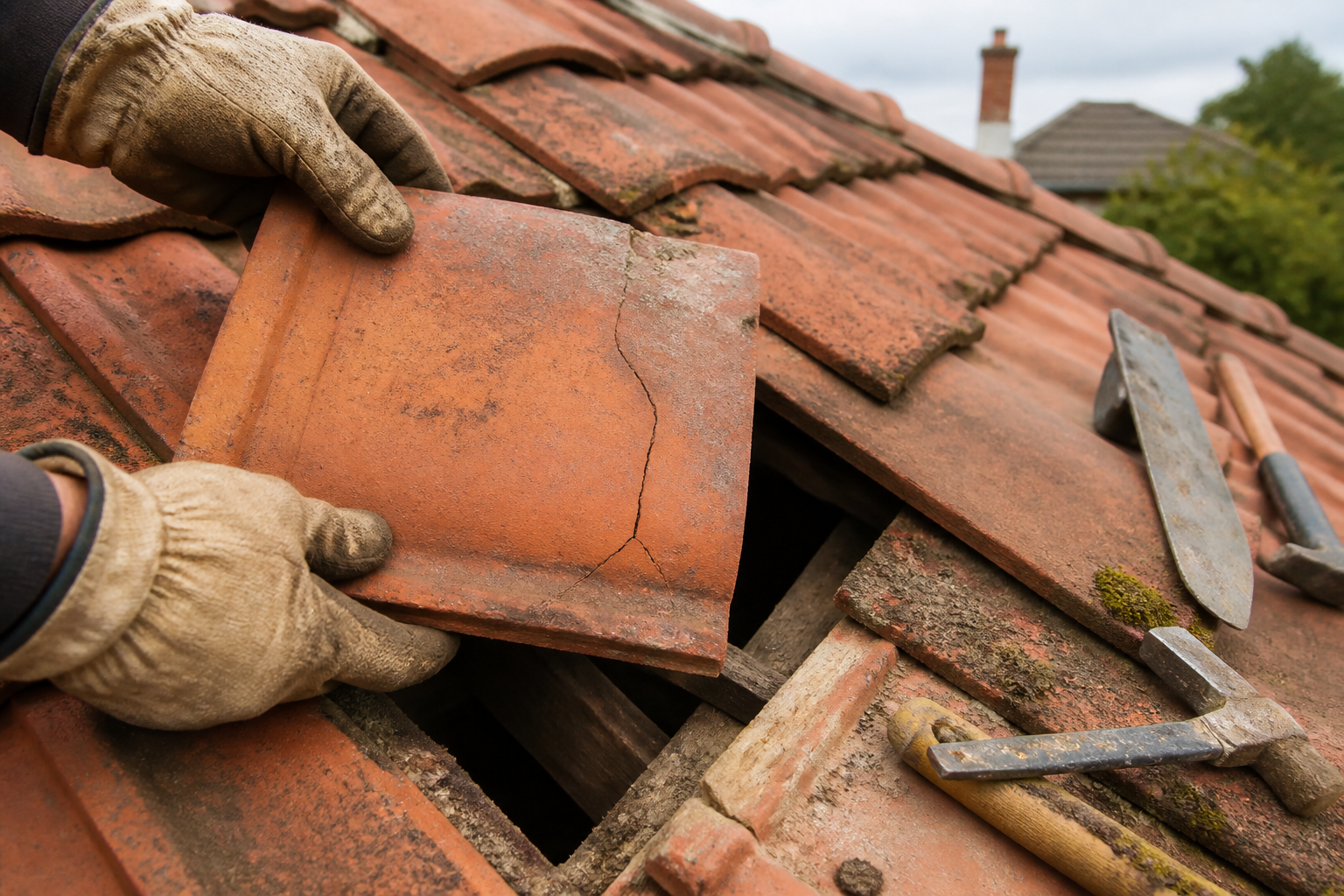 Roof repair work on a Brisbane tiled roof